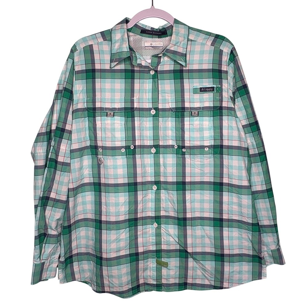 Columbia PFG Super Bahama Shirt L L/S Plaid Green Fishing Vented UPF Gorpcore